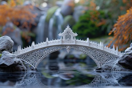 A picturesque white bridge spanning across a calm body of water, evoking a peaceful and serene atmosphere, A 3D printed bridge with intricate designs, AI Generatedの素材