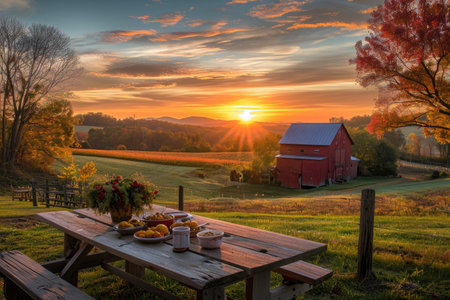 A picnic table sits peacefully in a field, with a charming red barn as the backdrop, A beautiful sunset scene on a farm with a family enjoying Thanksgiving dinner, AI Generatedの素材