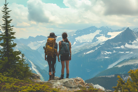 A couple stands on top of a towering mountain, taking in the awe-inspiring scenery, A beautiful bond of friendship displayed on a difficult mountain hike, AI Generatedの素材