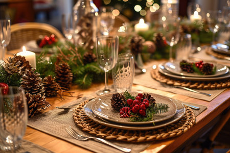 A beautifully arranged table set for Christmas dinner, adorned with pine cones and fresh greenery, A beautifully decorated Christmas table set for dinner, AI Generatedの素材