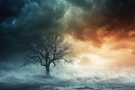 A lone tree stands resolute in the midst of a turbulent storm, defying natures forces, A barren tree standing tall amid a storm's fury, AI Generatedの素材