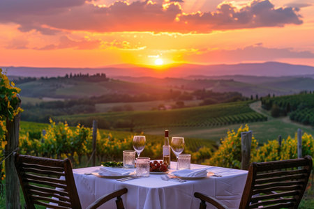 A couple of chairs and a table set against a vibrant sunset backdrop, A beautifully set table for two at a vineyard overlooking a Tuscan sunset, AI Generatedの素材