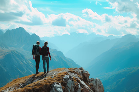 Two People on Summit of Majestic Mountain Peak, Enjoying Spectacular View, A beautiful bond of friendship displayed on a difficult mountain hike, AI Generatedの素材
