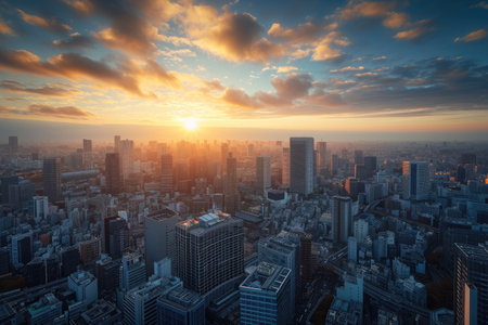 The sun is sinking below the horizon, casting a warm, golden light on the sprawling metropolis, A bird's eye view of city skyscrapers during sunrise, AI Generatedの素材
