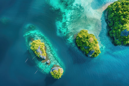 A collection of various boats peacefully floating on the surface of a serene body of water, A bird's eye view of islands surrounded by crystal clear water, AI Generatedの素材