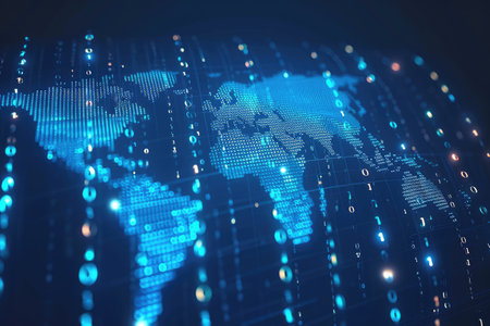 A clear and informative world map shown on a dark background, providing a straightforward visual representation, A binary code pattern shaped like a world map, AI Generatedの素材