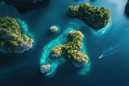 This photo captures an expansive aerial view of several small islands scattered in a body of water, A bird's eye view of islands surrounded by crystal clear water, AI Generatedの素材