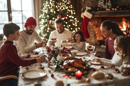 A diverse group of friends and family sitting around a table, sharing a delicious meal and enjoying each others company, A big family enjoying Christmas dinner at a grand table, AI Generatedの素材