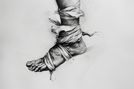 A precise and detailed illustration of a foot wrapped in bandages for medical purposes, A black and white sketch of a twisted ankle, AI Generatedの素材