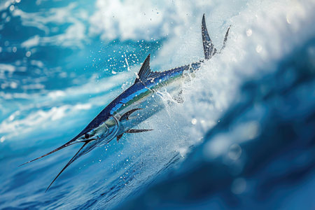 Blue Marlin Fish Leaping Out of Water, Captivating Ocean Moment in a Stunning Display of Agility and Power, A blue marlin speeding through the ocean waves with stunning agility, AI Generatedの素材