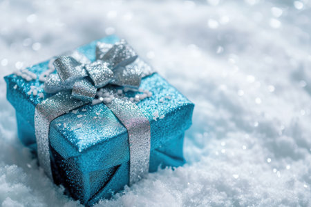 A blue gift box with a silver bow sits gracefully in the snow, awaiting an eagerly anticipated recipient, A blue gift box wrapped in silver bows on a serene white snow background, AI Generatedの素材