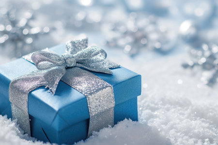 A blue gift box nestled amidst snow, bringing joy and excitement during the snowy season, A blue gift box wrapped in silver bows on a serene white snow background, AI Generatedの素材