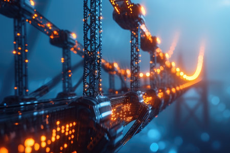 Impressive Metal Structure Adorned With Numerous Brilliant Lights, A bridge constructed from interlinked blocks symbolizing blockchain connections, AI Generatedの素材