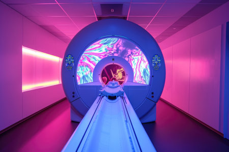 Witness the captivating intersection of sportsmanship and motion as a bowling ball exuberantly rolls through a tunnel, A bright, colorful world seen through the lens of an MRI machine, AI Generatedの素材