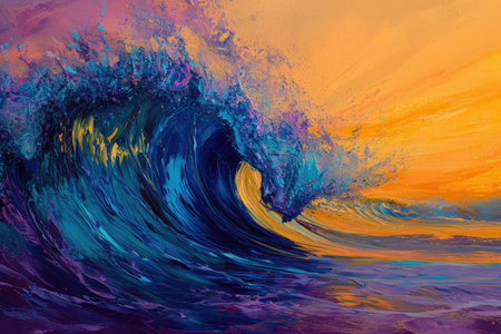 A vibrant painting capturing the raw power and beauty of a wave crashing in the open sea, A breaking wave in vibrant colors, AI Generatedの素材