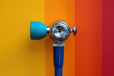 This photo captures a brightly colored wall adorned with a striking blue handle, serving as both a decorative element and a practical addition, A brightly colored otoscope, AI Generatedの素材