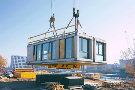 A crane is seen lifting a house from the ground, displaying ongoing construction work, A building being assembled from prefabricated modules, AI Generatedの素材