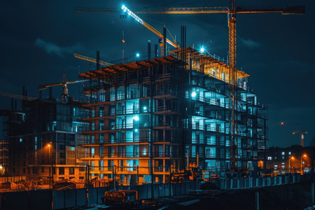A photo capturing the construction progress of a large building with a crane on top, A building under construction at night, illuminated by artificial lights, AI Generatedの素材