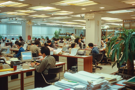 A skilled group of individuals engrossed in their work on laptops within a contemporary office setting, A bustling accounting office filled with eager employees, AI Generatedの素材