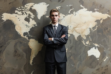 An executive in a formal suit thoughtfully studies a map with the intention of devising strategic plans for the company, A businessman standing confidently in front of a world map, AI Generatedの素材