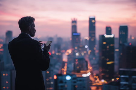 A man in urban setting standing on top of a building, engrossed in his cell phone, A businessman using a cellphone with a city skyline in the background, AI Generatedの素材