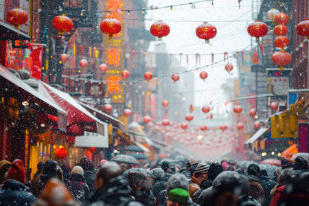 A group of individuals move together on a street covered in snow, A bustling Chinatown during Chinese New Year celebrations, AI Generatedの素材