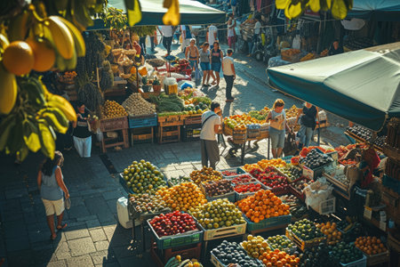 A bustling market scene with a wide variety of fresh and colorful fruits and vegetables on display, A bustling farmer's market on a sunny morning, AI Generatedの素材