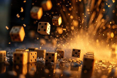 A variety of colorful dices are neatly placed on a table, ready for an exciting game night, A chain reaction of falling dominos to represent runaway inflation, AI Generatedの素材