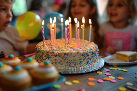 A festive birthday cake with candles aglow, surrounded by delectable cupcakes, A cake with candles being brought out at a children's party, AI Generatedの素材