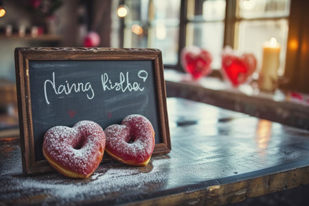 A collection of diverse doughnuts neatly arranged on a wooden table, enticing and ready to be devoured, A chalkboard menu in a cafe with heart-shaped donuts, AI Generatedの素材