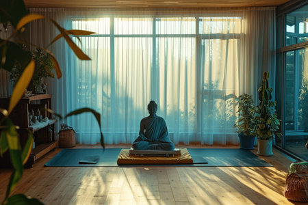 A person sitting quietly on a mat in a room, finding solace and deep reflection in their surroundings, A calming view inside a yoga meditation therapy room, AI Generatedの素材
