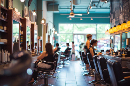 A woman seated in a chair at a hair salon getting her hair styled by a professional hairstylist, A busy upscale hair salon filled with customers, AI Generatedの素材