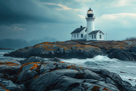 A majestic lighthouse stands tall on a rocky shore, guiding ships safely through treacherous waters, A charming lighthouse on a rocky coast, AI Generatedの素材