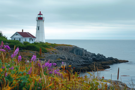 A stunning view of a lighthouse majestically situated on the edge of a cliff, offering uninterrupted views of the vast ocean horizon, A charming lighthouse on a rocky coast, AI Generated