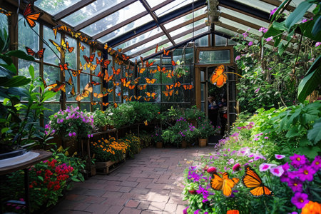 A vibrant garden teeming with an abundance of blooming flowers and fluttering butterflies, A charming Victorian-era conservatory filled with brightly colored butterflies, AI Generatedの素材