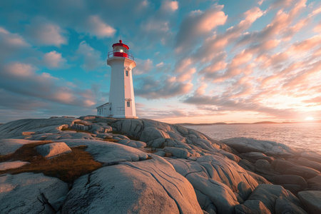 A lighthouse stands tall on a rocky shore, illuminating the way for ships navigating hazardous waters, A charming lighthouse on a rocky coast, AI Generatedの素材