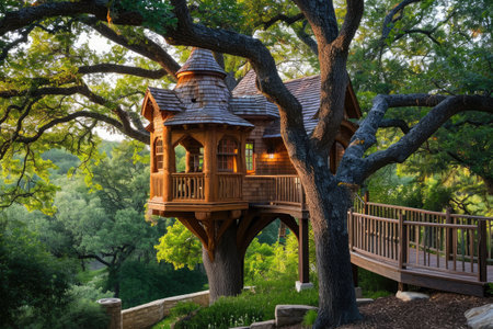 This photo captures a charming, rustic tree house nestled amidst the tranquility of a lush green forest, A children's treehouse in a lush, sprawling oak tree, AI Generatedの素材