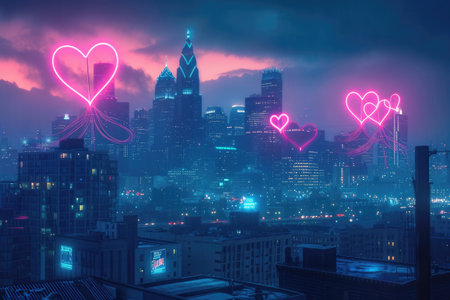 A captivating city skyline illuminated by vibrant neon hearts floating playfully in the night sky, A city skyline at dusk with heart-shaped neon lights, AI Generatedの素材