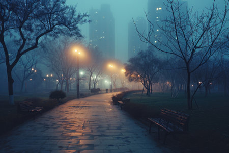 A mysterious fog engulfs a serene park at night, highlighting the silhouettes of benches and street lights, A city park clouded by sudden fog, AI Generatedの素材