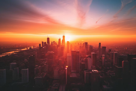 Sun Setting Over Busy Urban Skyline, A city skyline silhouetted against the setting sun from an aerial view, AI Generatedの素材