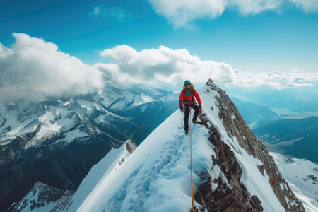 A skilled climber shows determination as he scales the snowy side of a majestic mountain, A climber reaching the summit of a steep mountain, AI Generatedの素材