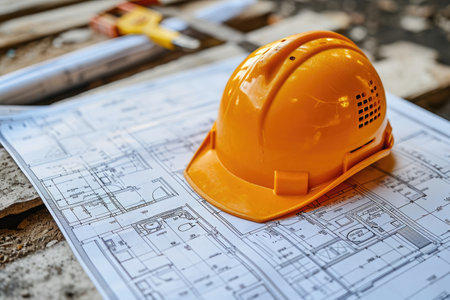 A hard hat sits atop a blueprint, showcasing the preparation and safety measures taken in a construction project, A close-up of construction blueprints and hardhat, AI Generatedの素材