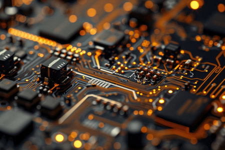 An up-close photo revealing the intricate details of a computer circuit board, showcasing the various electronic components and their interconnections, A close-up of a robot's circuitry, AI Generatedの素材