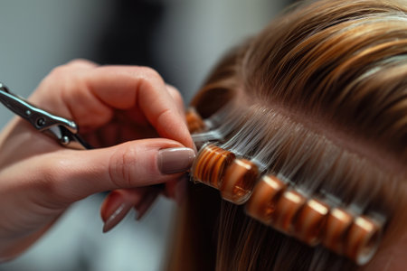 A woman confidently cuts her hair with a pair of scissors, demonstrating a DIY haircutting technique, A close-up image of a hairdresser's hands setting hair rollers, AI Generatedの素材