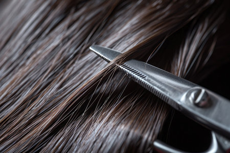 A detailed shot capturing the precise moment when a pair of scissors is cutting hair, A close-up depiction of scissors cutting a strand of hair, AI Generatedの素材