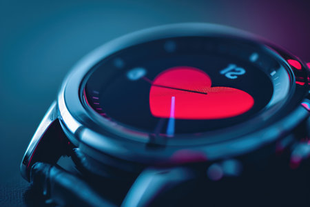 A detailed close-up photograph capturing a heart-shaped design on a watch, showcasing love and elegance, A close-up of a fitness tracker showing steps and heart rate, AI Generatedの素材