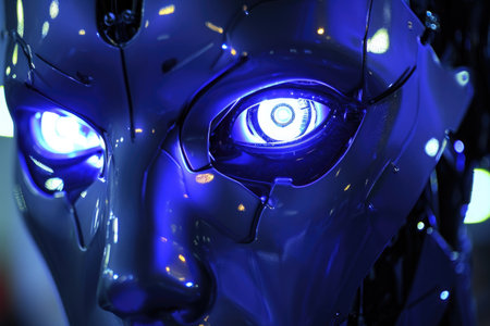Close-up of Robot With Glowing Eyes, Futuristic Technology in Action, A close-up on the illuminating eyes of a robot, AI Generatedの素材