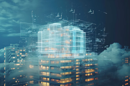 A striking city building at night stands out amidst the bright lights and bustling activity of the urban environment, A cloud of digital data constructed around a building blueprint, AI Generatedの素材