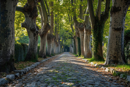An idyllic cobblestone road, lined with trees, winding through a tranquil park, A cobbled pathway flanked by towering sycamore trees in a park, AI Generatedの素材