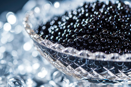A visually appealing glass bowl filled with black beads adds a touch of sophistication to any table setting, A close-up view of luxurious black caviar nestled in a crystal dish, AI Generatedの素材